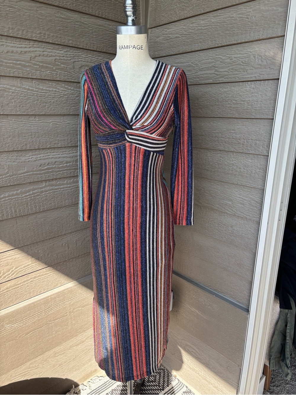 Chelsea28 Multi-Stripe V-Neck Long Sleeve Knit Maxi Dress